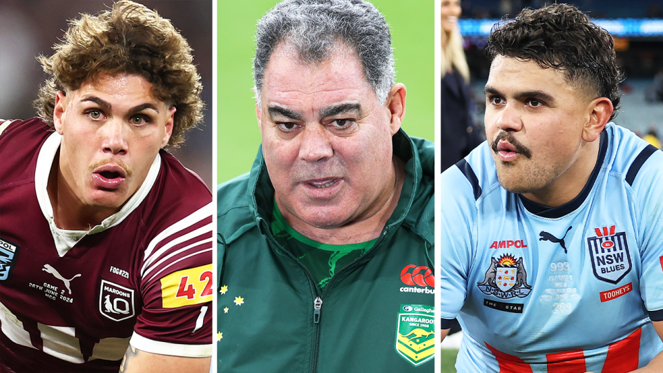 Kangaroos coach Mal Meninga (pictured) has suggested both Latrell Mitchell (pictured left) and Reece Walsh (pictured right) won't be selected for Australia at the end of the season. (Getty Images)