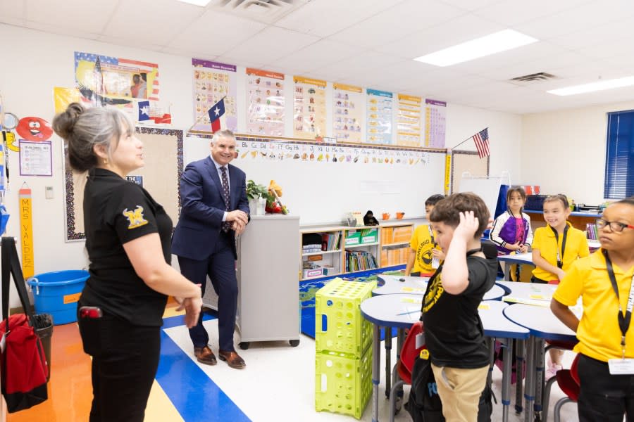 Photo of Superintendent Dr. De La Torre in a classroom | <em>Photo Courtesy of YISD</em>