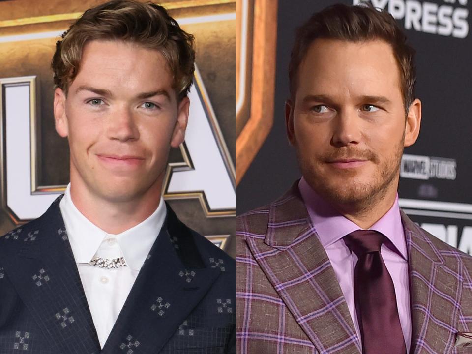 On the left: Will Poulter at the LA premiere of "Guardians of the Galaxy Vol. 3." On the right: Chris Pratt at the LA premiere of "Guardians of the Galaxy Vol. 3."