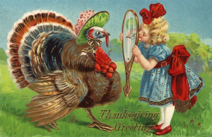 ca. 1910 — Thanksgiving Greetings Postcard with a Girl and Turkey — Image by © Cynthia Hart Designer/Corbis