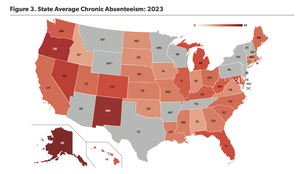 The map displays chronic absenteeism levels for states that have already published the data from the 2022-23 school year. (American Enterprise Institute)