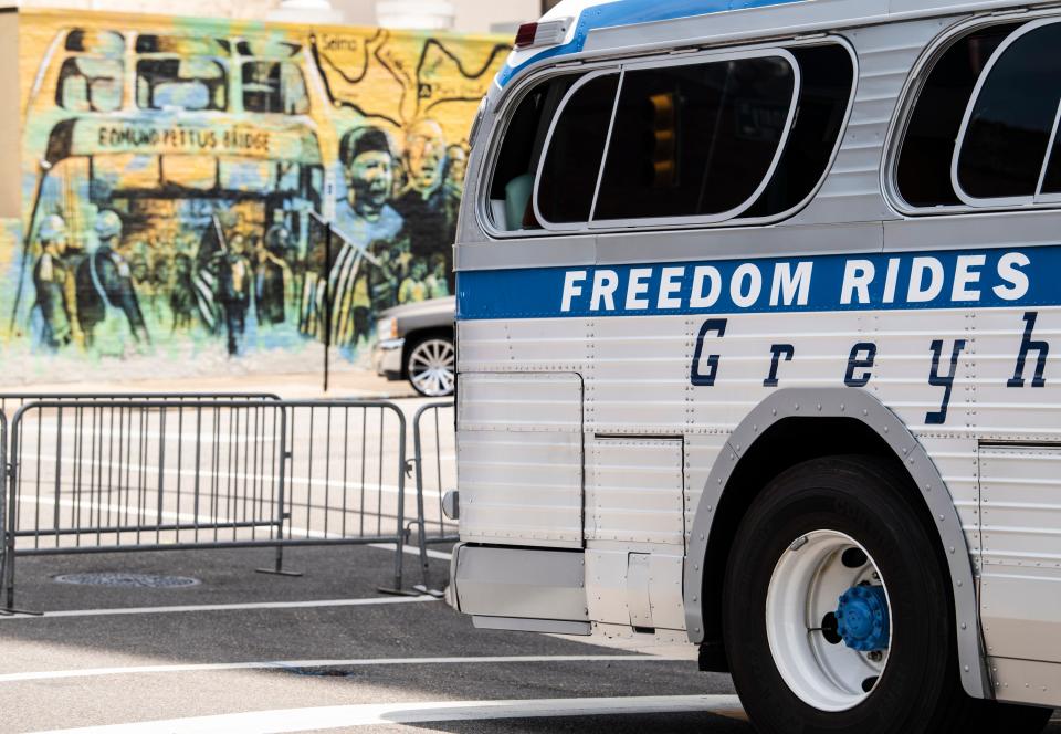 Historic greyhound bus during the Rosa Parks Museum Annual Juneteenth celebration in Montgomery, Ala., on Saturday, June 18, 2022.