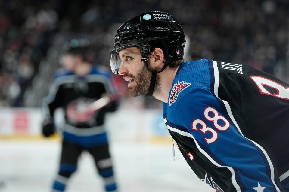 Jan 31, 2023; Columbus, Ohio, USA;  Columbus Blue Jackets center Boone Jenner (38) yells to the referee after being thrown out of the faceoff circle during the third period of the NHL hockey game against the Washington Capitals at Nationwide Arena. The Blue Jackets lost 4-3 in overtime. Mandatory Credit: Adam Cairns-The Columbus Dispatch