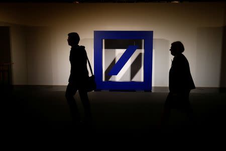 The logo of Deutsche Bank is seen at its headquarters ahead of the bank's annual general meeting in Frankfurt, Germany May 18, 2017. REUTERS/Ralph Orlowski