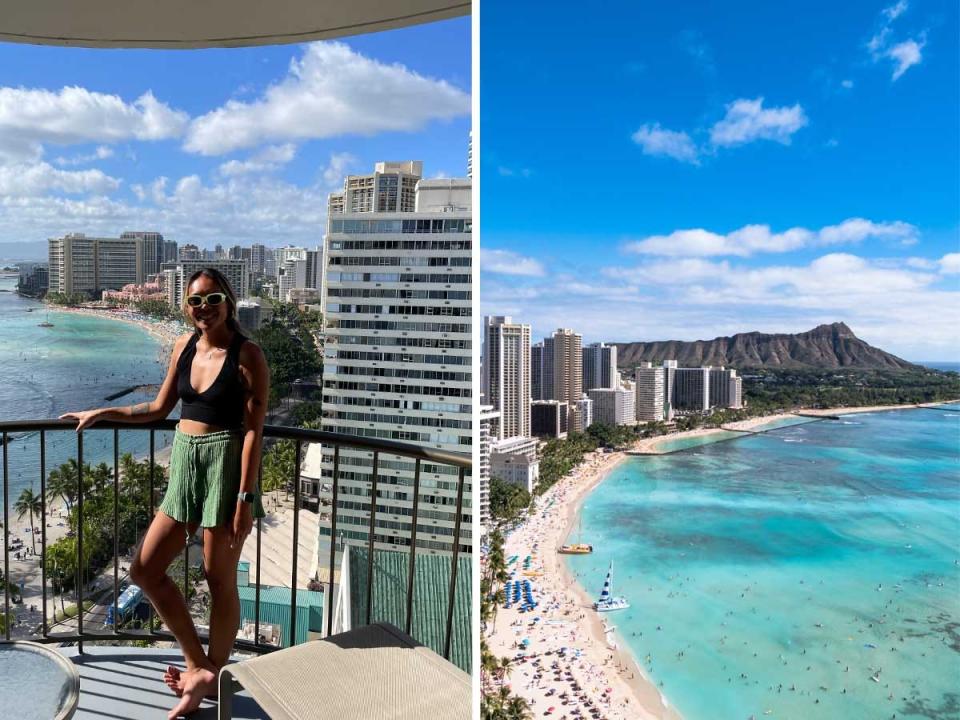 A side by side image of a woman posing on a balcony on Oahu and the coastline of Waikiki in Oahu, Hawaii