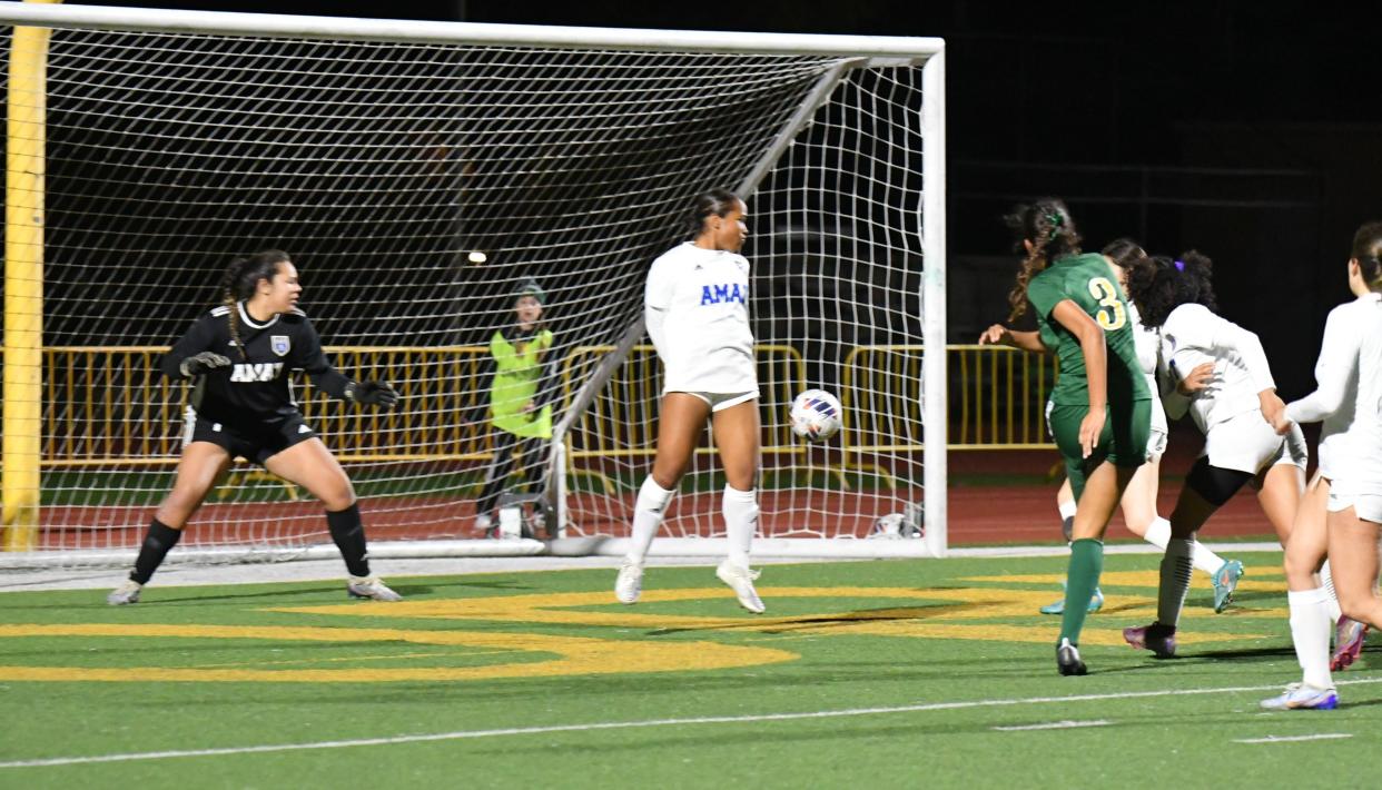 Moorpark's Gianna Foss (3) scores the game-winning goal in the 80th minute to lift the Musketeers to a 3-2 win over Bishop Amat in a CIF-State Southern California Division III regional semifinal match at Moorpark High on Thursday night.