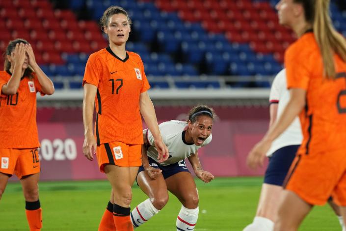 Lynn Williams reacts to scoring against the Netherlands at the Tokyo Olympics.