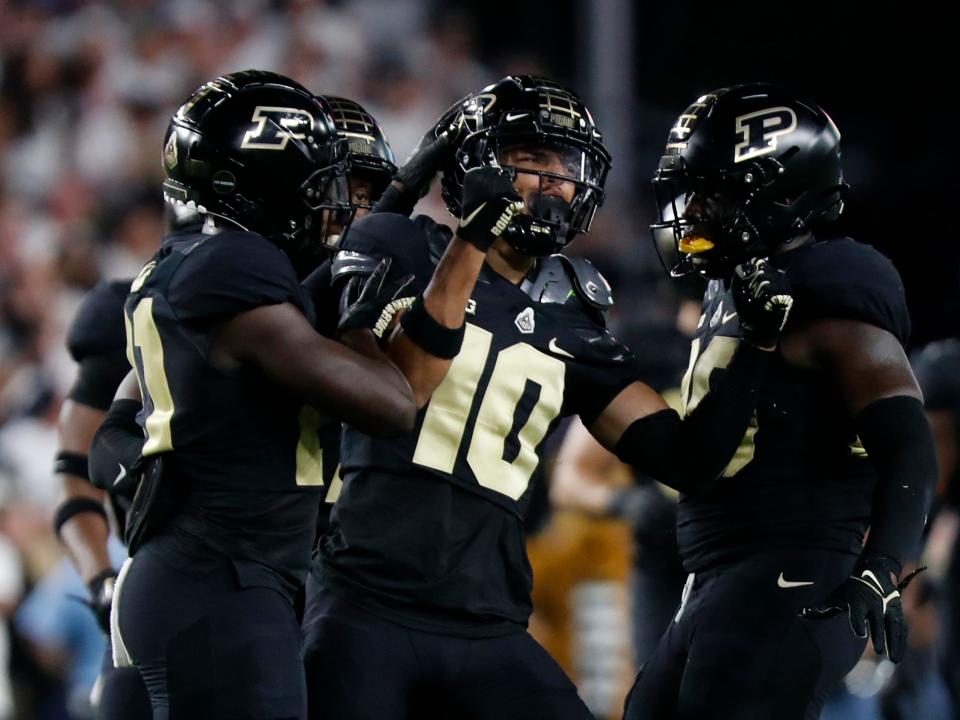 Purdue Boilermakers celebrate during the NCAA football game against the Penn State Nittany Lions, Thursday, Sept. 1, 2022, at Ross-Ade Stadium in West Lafayette, Ind. 