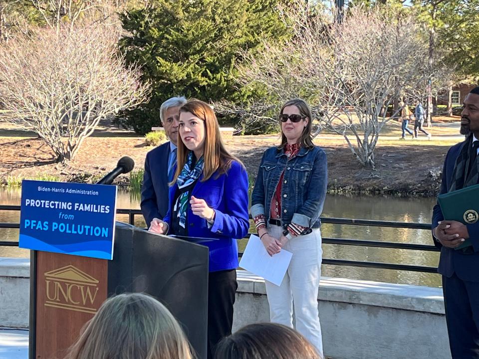 Elizabeth Biser, secretary of the North Carolina Department of Environmental Quality, speaks to a crowd about the state's ongoing efforts to address PFAS contamination in the Cape Fear region on March 14, 2023 in Wilmington, North Carolina.