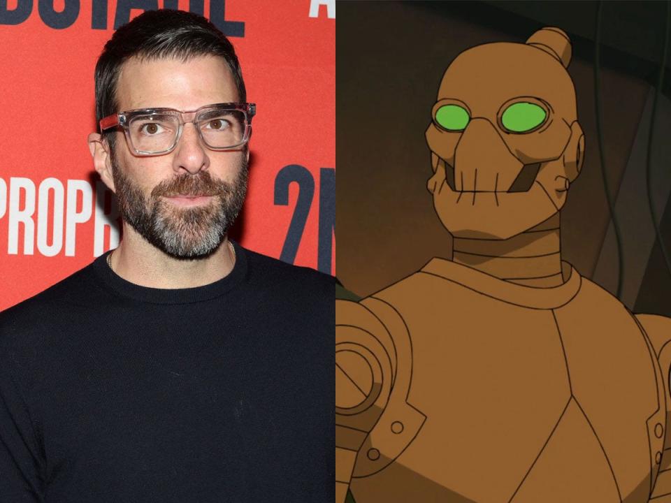 Zachary Quinto, left, in December 2023. Robot, right, on season two of the animated series "Invincible."