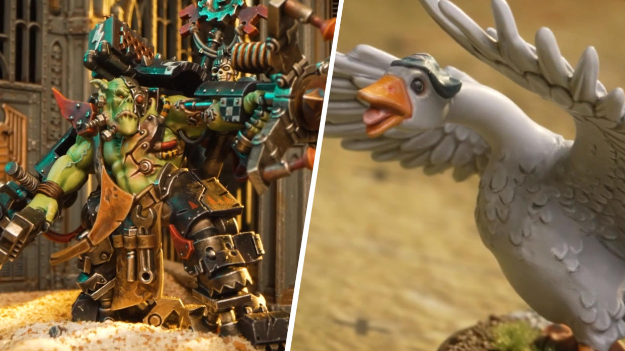  An Ork model and a goose model on either side of a white line. 