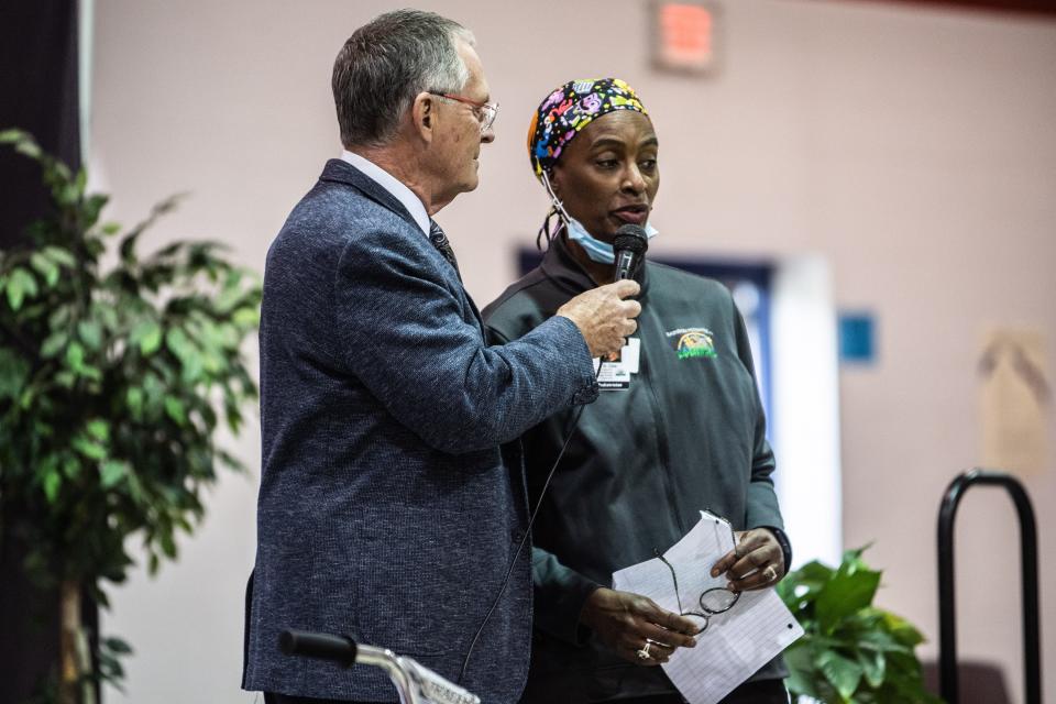 Dr. Gina Dieudonné, physician at Rainbow Pediatric, talks with Bob Krumroy, founder of Bikes for Kids Foundation on Tuesday, Nov 9, 2021 in Humboldt, Tenn. Dr. Dieudonné purchased and provided the bikes for third grades students at East Elementary School.