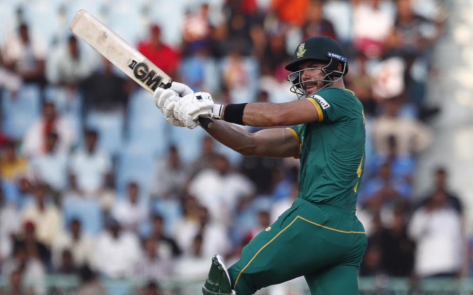 Aiden Markram of South Africa plays a shot during the ICC Men's Cricket World Cup 2023 match between Australia and South Africa at BRSABVE Cricket Stadium on October 12, 2023 in Lucknow, India
