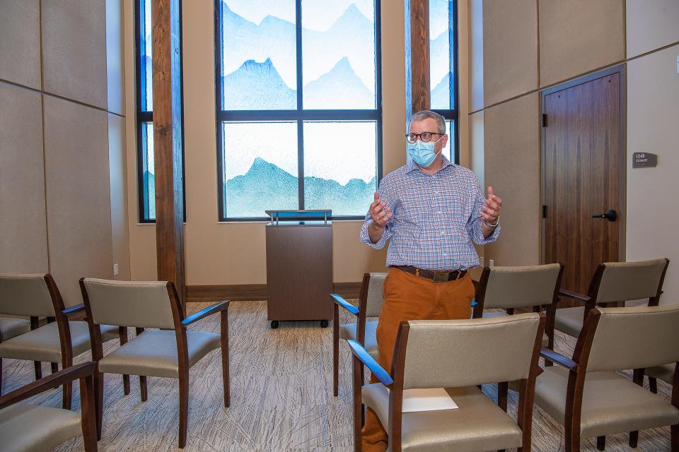 Nate Lamkin, president of Pathways Hospice, stands in the Reflection Room as he gives a tour of the new Pathways Inpatient Care Center, a 12-bed inpatient hospice facility, Friday, Aug. 19, 2022, on Carpenter Road in Fort Collins, Colo.