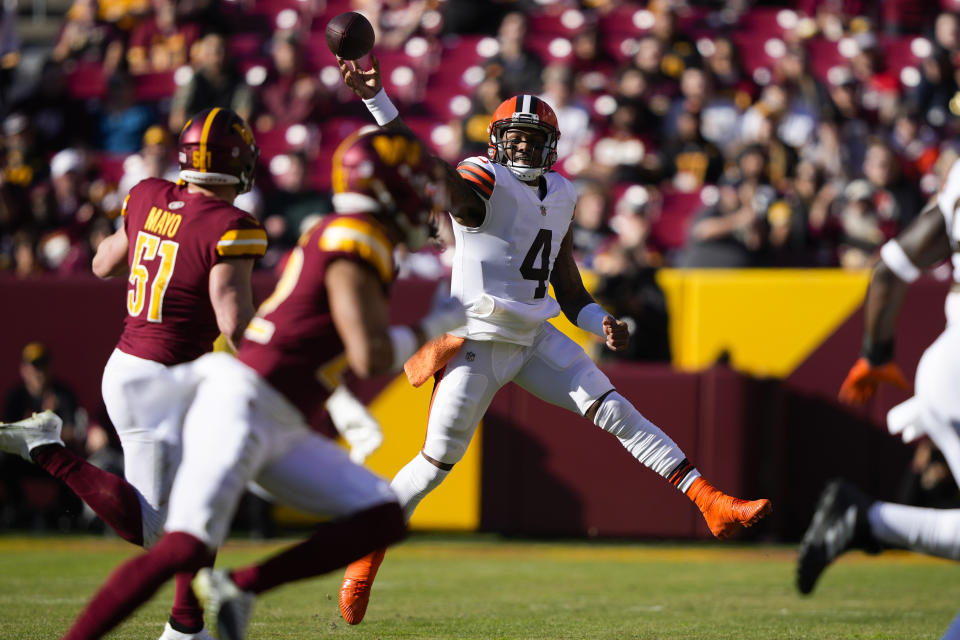 Cleveland Browns quarterback Deshaun Watson (4) throws a pass during the first half of an NFL football game against the Washington Commanders, Sunday, Jan. 1, 2023, in Landover, Md. (AP Photo/Susan Walsh)