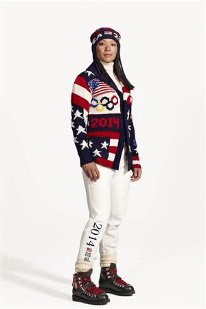 Julie Chu, U.S. Olympic ice hockey player on the United States women's ice hockey team is shown wearing the Official Opening Ceremony Parade Uniforms for the 2014 Winter Olympic Games in this photo released on January 23, 2014. REUTERS/Ralph Lauren/Handout
