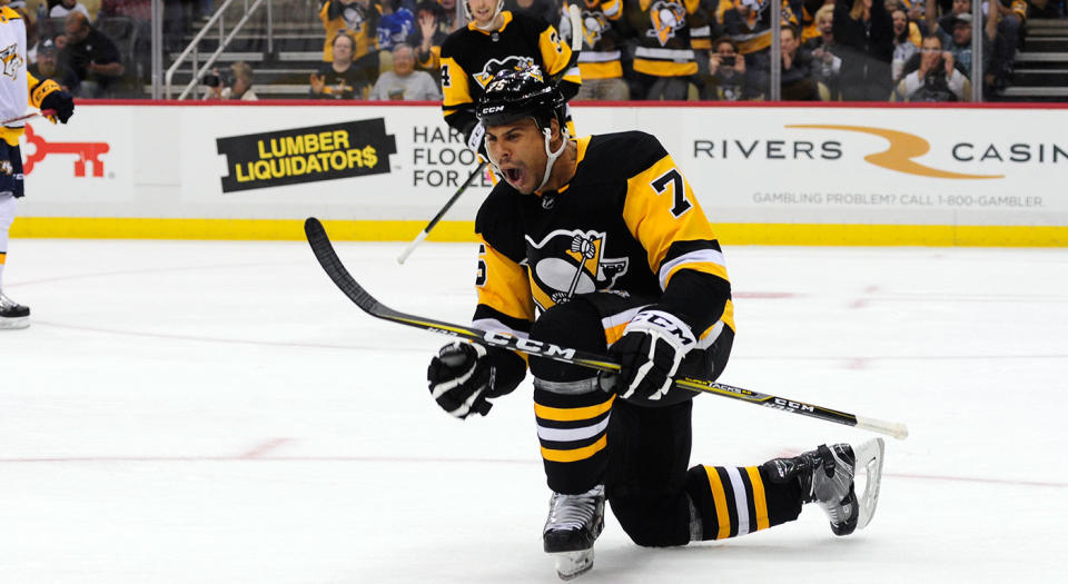 Ryan Reaves presumably doing his goal-horn impression after scoring. (Matt Kincaid/Getty Images)