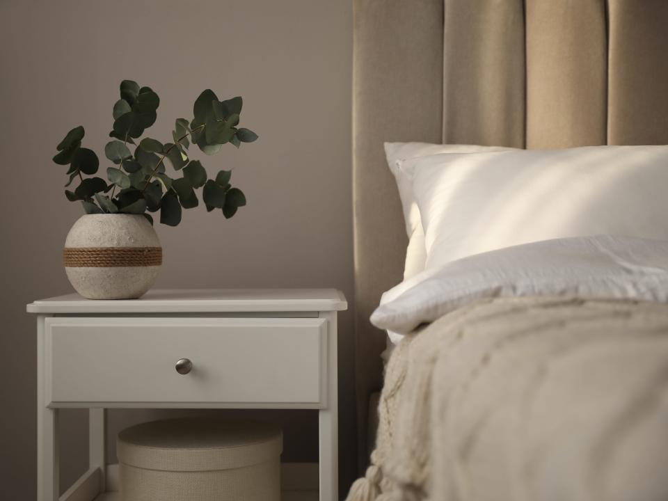 Beige bed beside white nightstand with drawer and plant on it