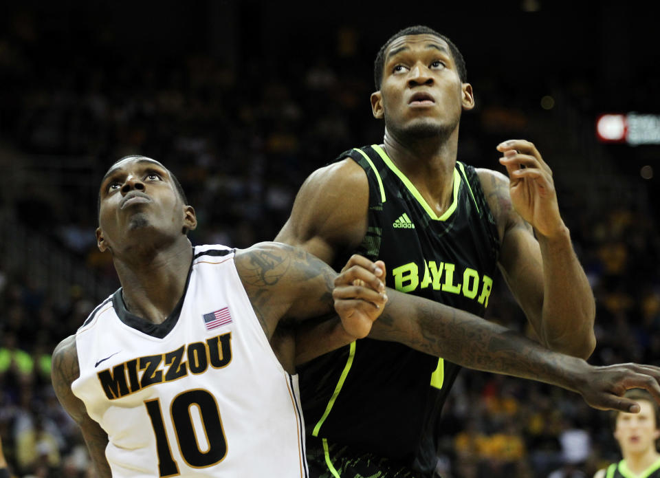 KANSAS CITY, MO - MARCH 10: Ricardo Ratliffe #10 of the Missouri Tigers and Perry Jones III #1 of the Baylor Bears vie for position during the championship game of the 2012 Big 12 Men's Basketball Tournament at Sprint Center on March 10, 2012 in Kansas City, Missouri. (Photo by Jamie Squire/Getty Images)