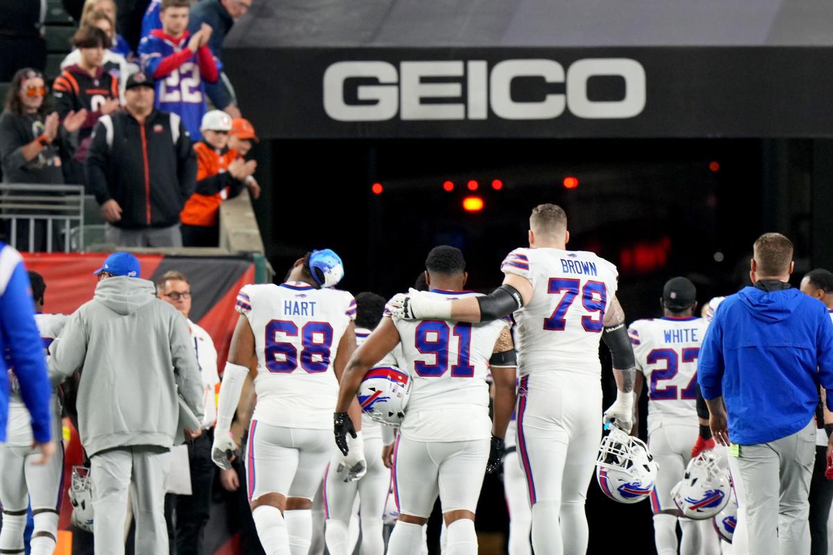 Buffalo Bills tackle Spencer Brown (79) walks on the field during