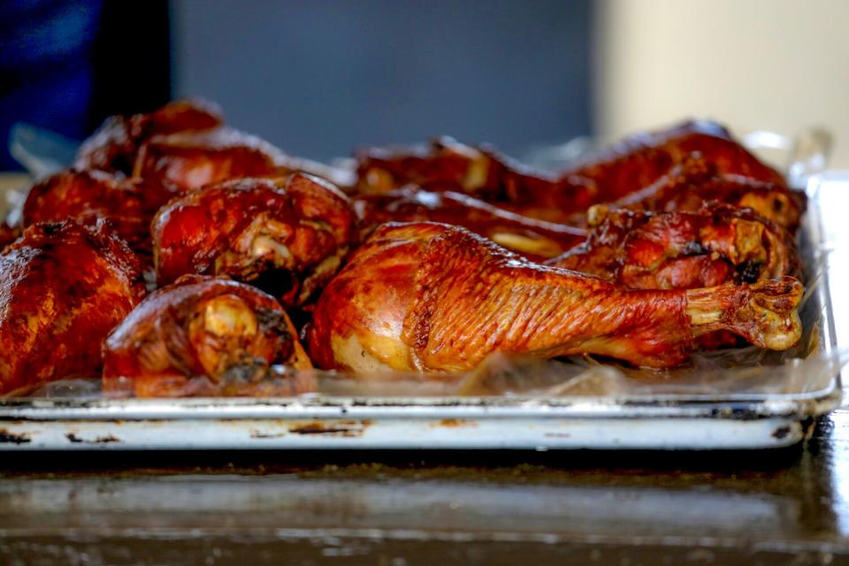 A platter of turkey legs.