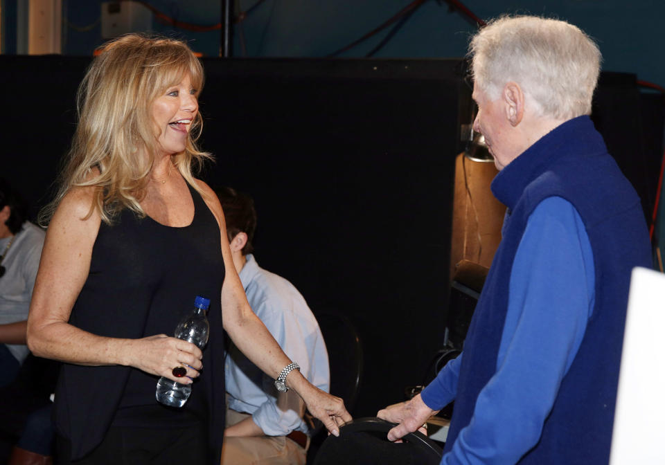 Goldie Hawn, left, talks with John Hamlin Jr. during rehearsals for the 86th Academy Awards in Los Angeles, Saturday, March 1, 2014. The Academy Awards will be held at the Dolby Theatre on Sunday, March 2. (Photo by Matt Sayles/Invision/AP)