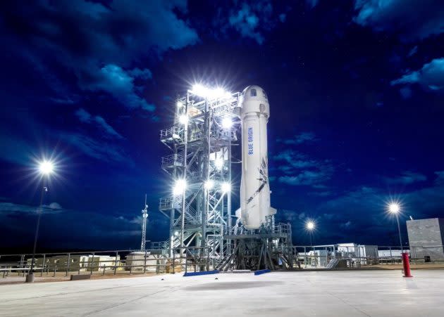 Blue Origin's New Shepard spaceship on pad