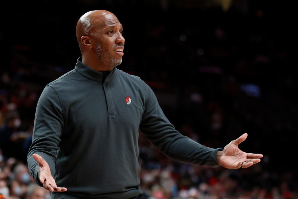 Portland Trail Blazers head coach Chauncey Billups reacts during the third quarter against the Detroit Pistons at Moda Center on Nov. 30, 2021 in Portland, Oregon.