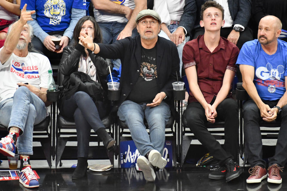 Billy Crystal and Janice Crystal attend an NBA playoffs basketball game between the Los Angeles Clippers and the Golden State Warriors at Staples Center on April 18, 2019 in Los Angeles, California. (Photo by Allen Berezovsky/Getty Images)