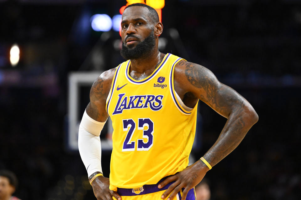 Los Angeles Lakers forward LeBron James during the first half of an NBA basketball game against the Washington Wizards on Wednesday, April 3, 2024, in Washington. (AP Photo/John McDonnell)