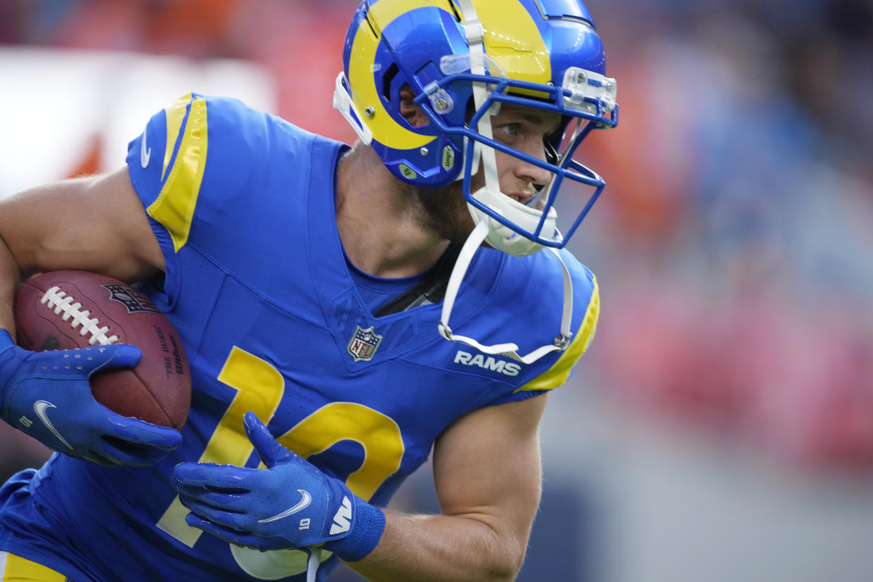 Los Angeles Rams wide receiver Cooper Kupp (10) warms up before an NFL preseason football game Saturday, Aug. 26, 2023, in Denver. (AP Photo/David Zalubowski)