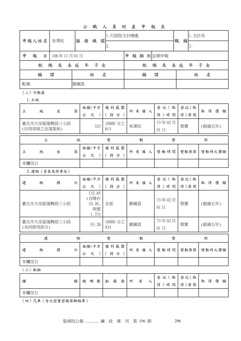 朱澤民財產申報。（圖／翻攝自監察院公報）