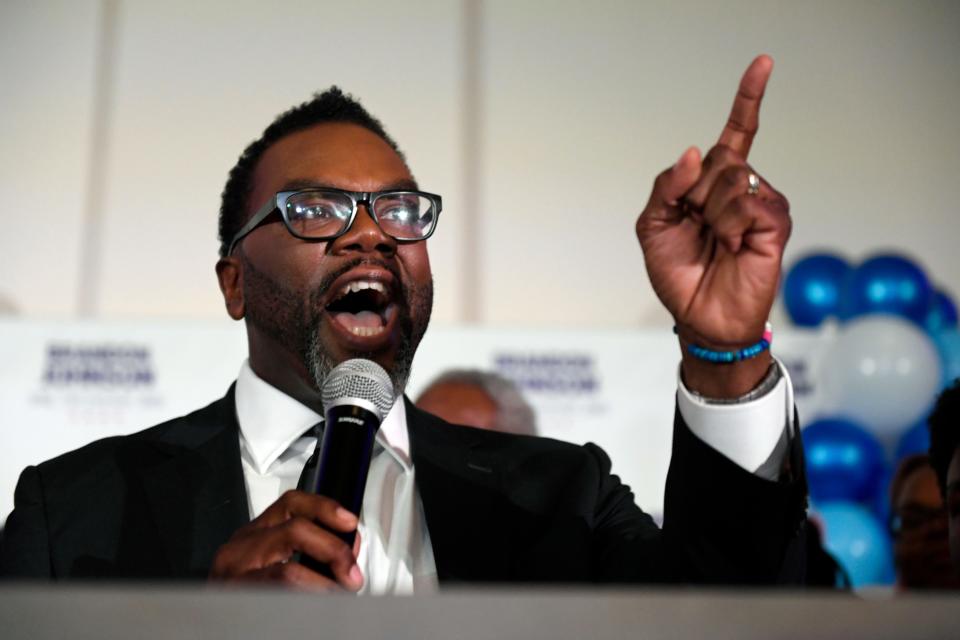 Chicago mayoral candidate Cook County Commissioner Brandon Johnson addresses supporters, Tuesday, Feb. 28, 2023, in Chicago.