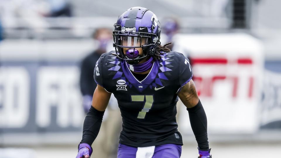 TCU safety Trevon Moehrig looks on during a game.