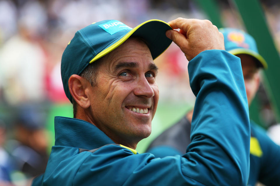 Australian coach Justin Langer looks on during day three of the Second Test match in the series between Australia and New Zealand at Melbourne Cricket Ground on December 28, 2019 in Melbourne, Australia. (Photo by Graham Denholm - CA/Cricket Australia via Getty Images)