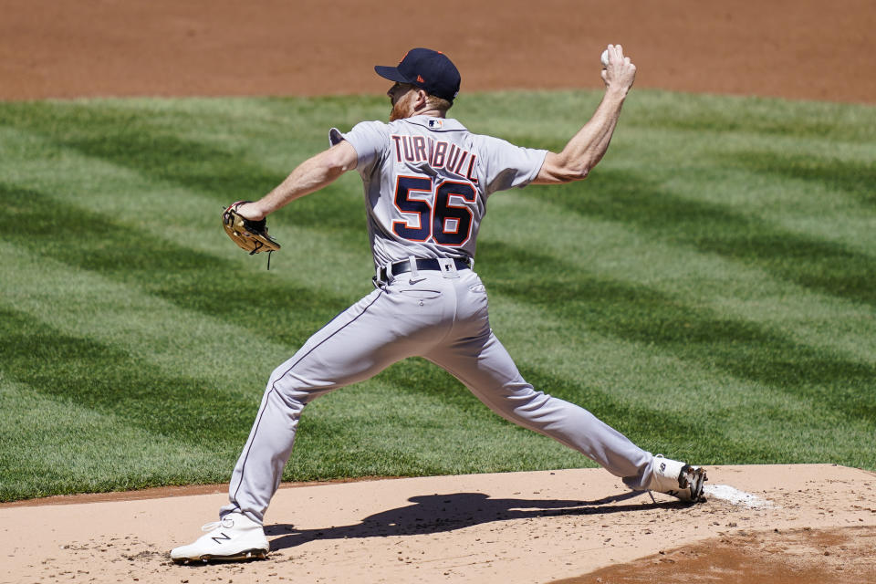 Detroit Tigers starting pitcher Spencer Turnbull throws in the first inning of a baseball game against the New York Yankees, Saturday, May 1, 2021, in New York. (AP Photo/John Minchillo)