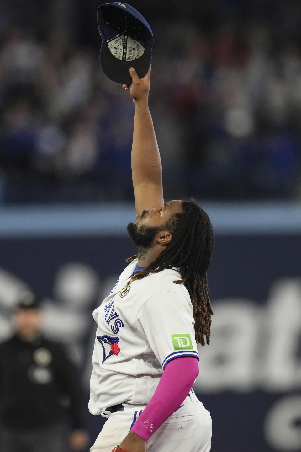 Toronto Blue Jays' Vladimir Guerrero Jr. celebrates after defeating the Boston Red Sox in a baseball game in Toronto, Friday, Sept. 15, 2023. (Chris Young/The Canadian Press via AP)