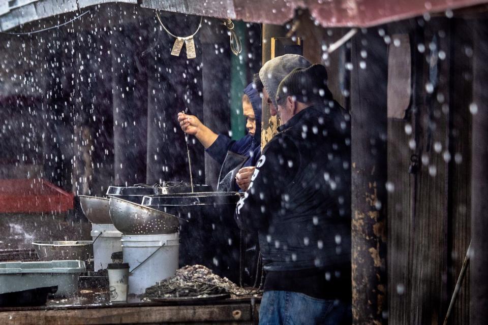 Workers endure heavy rain as they work at Dory Fishing Fleet and Market