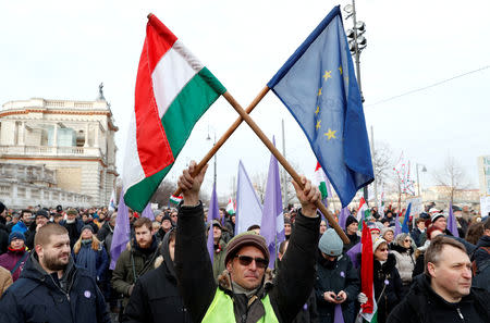 A man holds up a Hungarian and a EU flag during a protest against a proposed new labor law, billed as the "slave law", in Budapest, Hungary, January 19, 2019. REUTERS/Bernadett Szabo