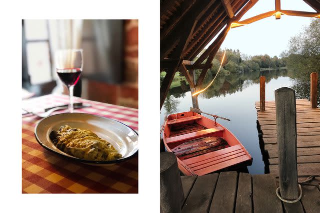 <p>William Craig Moyes</p> From left: A mushroom omelette at Le Cantou, in Collonges-la-Rouge; a rowboat at Domaine des Étangs.