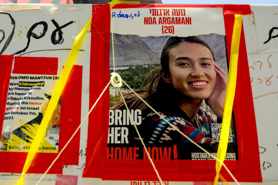 The words "released" are written on a poster of Noa Argamani in Hostage Square in Ramat Gan, Israel, minutes after it was announced that she was rescued from Gaza on June 8, 2024. (Photo by Alexi Rosenfeld/Getty Images)