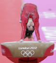 <p>U.S. gymnast McKayla Maroney performs on the vault during the Artistic Gymnastic women’s team final at the 2012 Summer Olympics, Tuesday, July 31, 2012, in London. (AP Photo/Gregory Bull) </p>