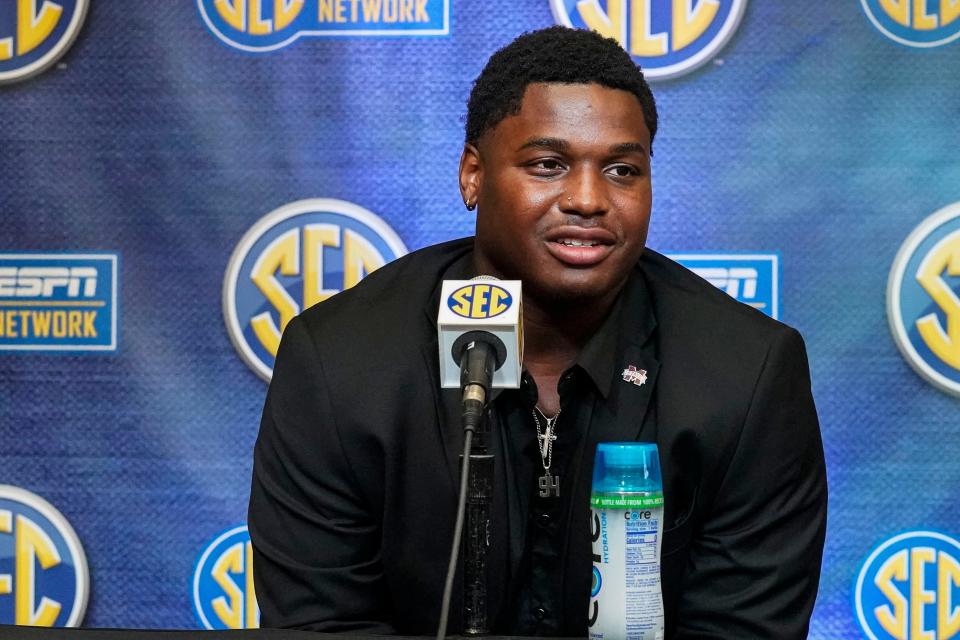 Jul 19, 2022; Atlanta, GA, USA; Mississippi State player Jaden Crumedy talks to the media during SEC Media Days at the College Football Hall of Fame. Mandatory Credit: Dale Zanine-USA TODAY Sports