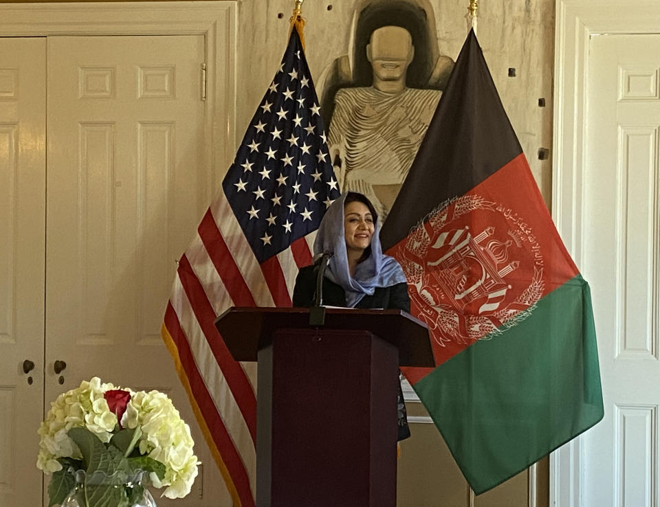 Ambassador Roya Rahmani speaks at the Afghan Embassy in Washington, DC on April 20, 2021. (Jenna McLaughlin/Yahoo News)