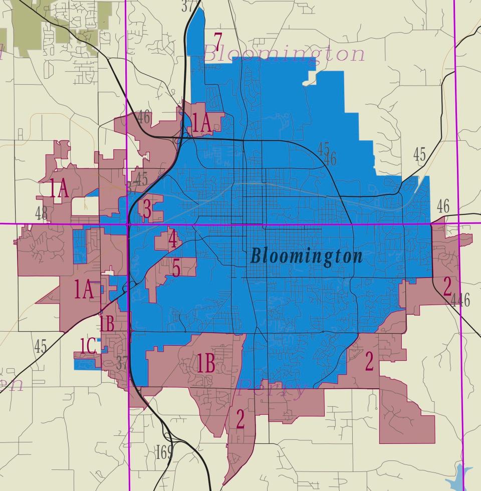Current incorporated parts of Bloomington are in blue, with areas targeted for annexation in magenta.