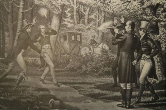 Alexander Hamilton exhibit at the Smithsonian National Postal Museum shows Aaron Burr (r) dueling with Hamilton (AP)