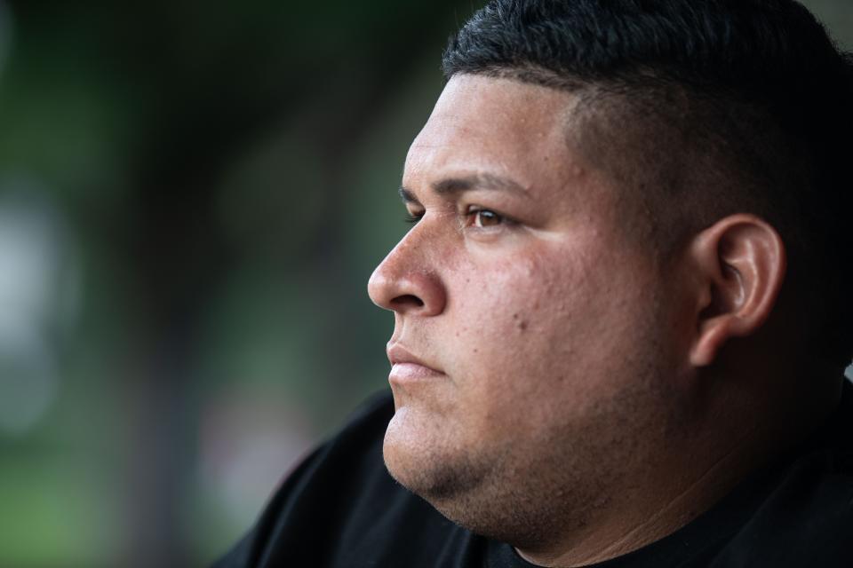 Wilson Martinez, 25, pictured here on Aug. 22, 2023, is an asylum seeker who arrived in the United States from his native Venezuela in May and has been living at the Ardsley Acres Motel with his wife and eight-month old son for two months.