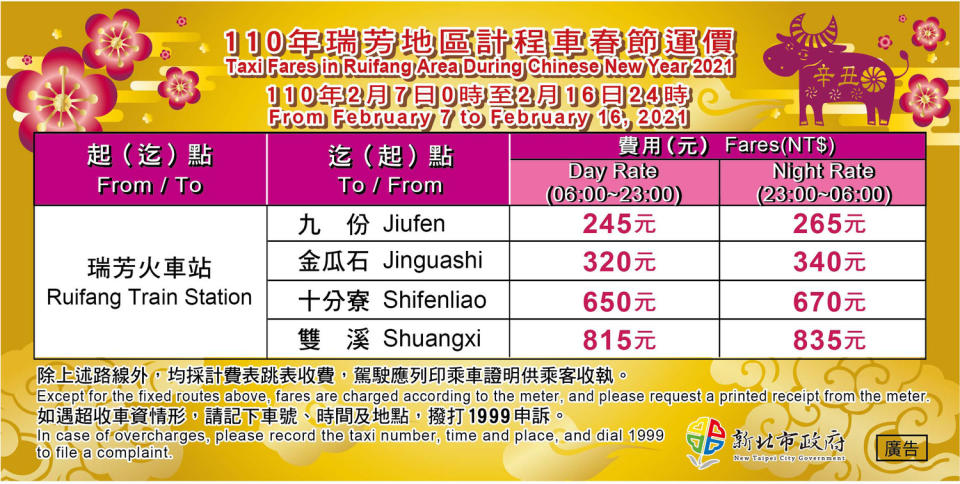 110年計程車春節瑞芳地區貼紙。    圖：新北市交通局提供