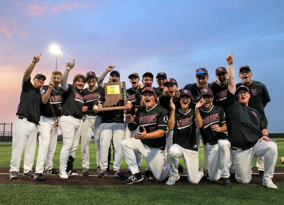 Wes-Del baseball celebrates winning the program's first regional title in 33 years at Oak Hill High School on Saturday, June 3, 2023.