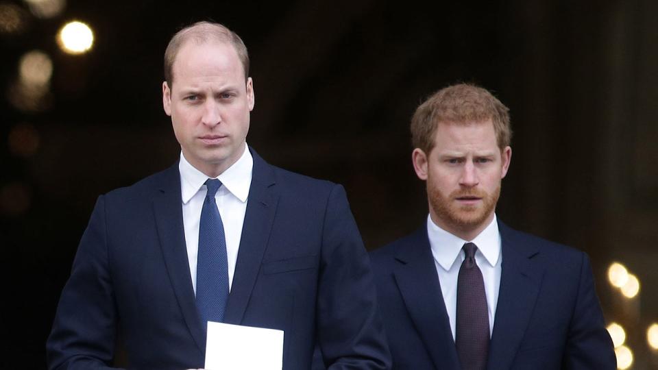 Close-up of Prince William wearing a navy suit and holding a white sheet of paper. Prince Harry, wearing a matching navy suit, walks behind him.